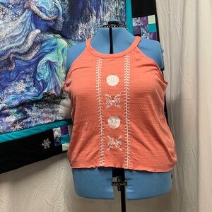 Ricki's Coral Halter Top with White Embroidery